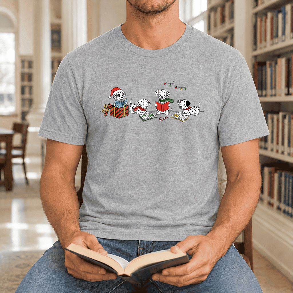 Dalmatian Dogs Reading Ultra-Soft Cotton T-Shirt | Christmas Book Lover Gift Athletic Heather