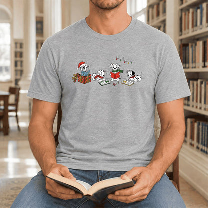 Dalmatian Dogs Reading Ultra-Soft Cotton T-Shirt | Christmas Book Lover Gift Athletic Heather