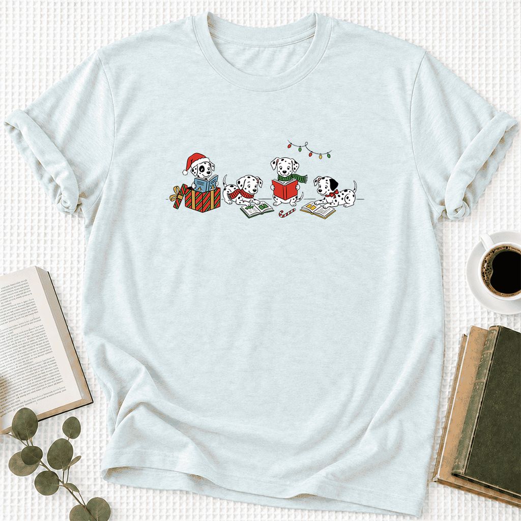 Dalmatian Dogs Reading Ultra-Soft Cotton T-Shirt | Christmas Book Lover Gift Heather Ice Blue