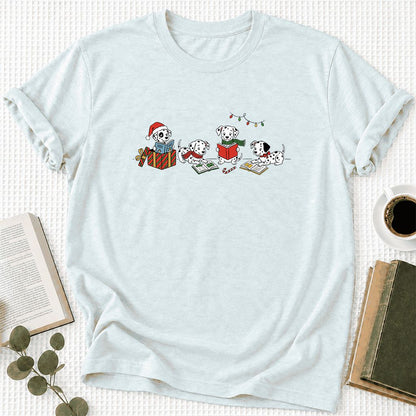 Dalmatian Dogs Reading Ultra-Soft Cotton T-Shirt | Christmas Book Lover Gift Heather Ice Blue