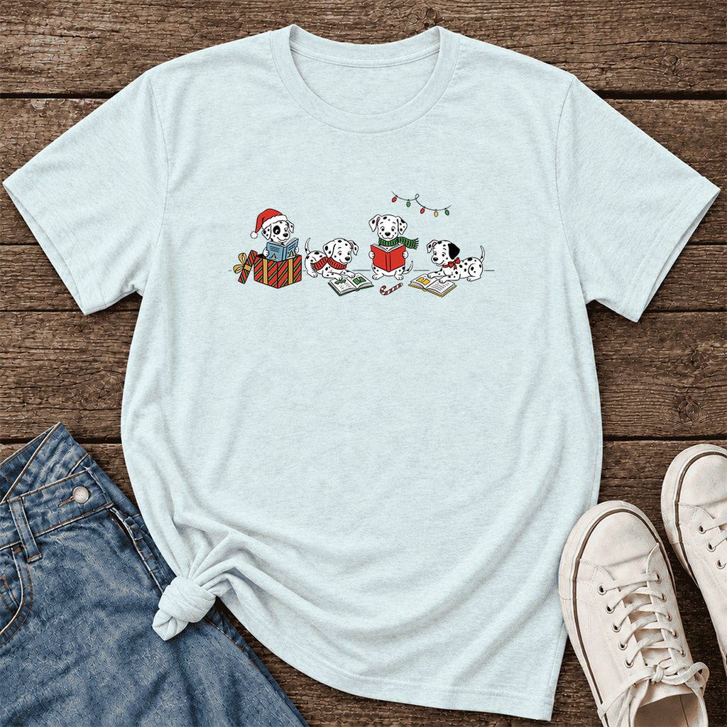 Dalmatian Dogs Reading Ultra-Soft Cotton T-Shirt | Christmas Book Lover Gift Heather Ice Blue