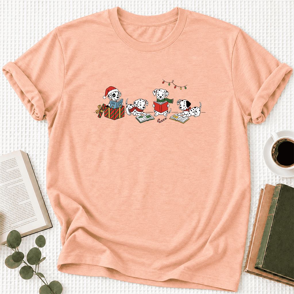 Dalmatian Dogs Reading Ultra-Soft Cotton T-Shirt | Christmas Book Lover Gift Heather Peach
