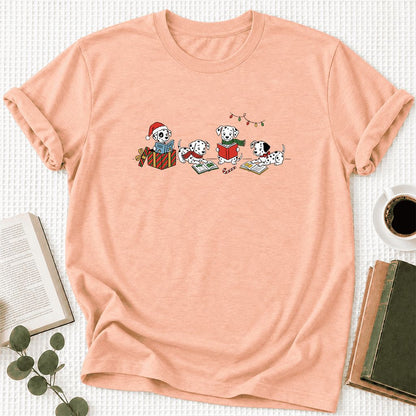 Dalmatian Dogs Reading Ultra-Soft Cotton T-Shirt | Christmas Book Lover Gift Heather Peach