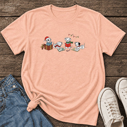 Dalmatian Dogs Reading Ultra-Soft Cotton T-Shirt | Christmas Book Lover Gift Heather Peach
