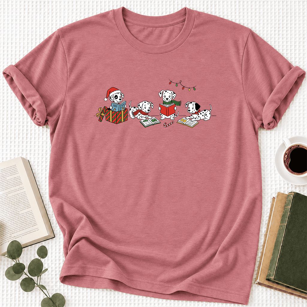 Dalmatian Dogs Reading Ultra-Soft Cotton T-Shirt | Christmas Book Lover Gift Mauve