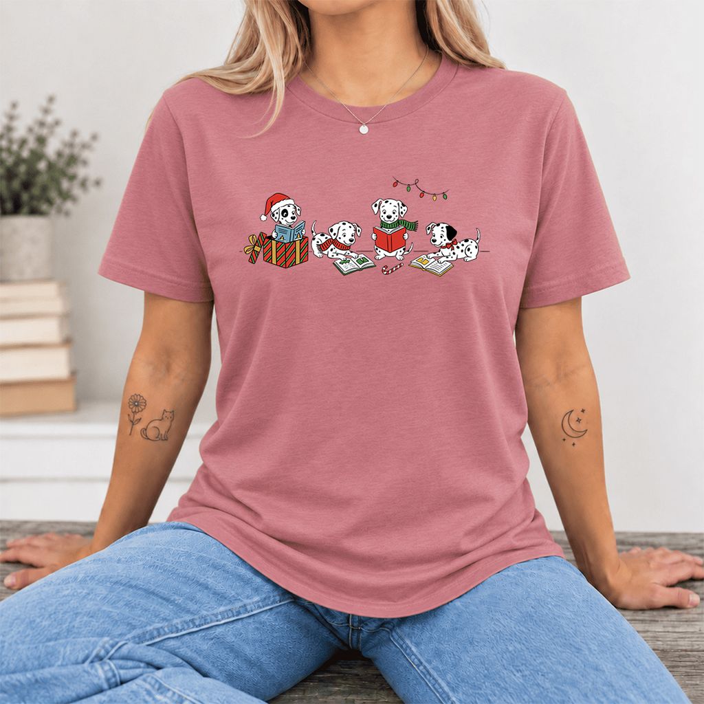 Dalmatian Dogs Reading Ultra-Soft Cotton T-Shirt | Christmas Book Lover Gift Mauve