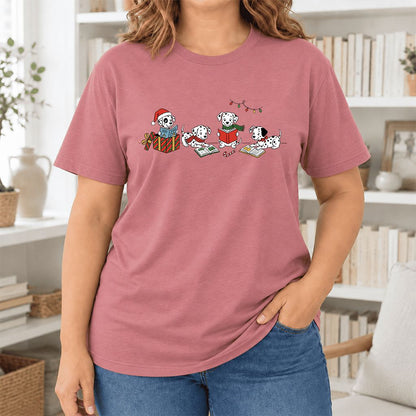 Dalmatian Dogs Reading Ultra-Soft Cotton T-Shirt | Christmas Book Lover Gift Mauve