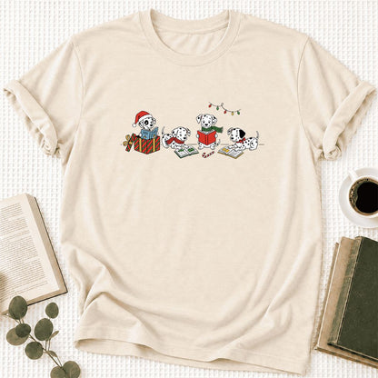 Dalmatian Dogs Reading Ultra-Soft Cotton T-Shirt | Christmas Book Lover Gift Natural