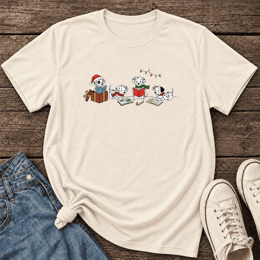 Dalmatian Dogs Reading Ultra-Soft Cotton T-Shirt | Christmas Book Lover Gift Natural