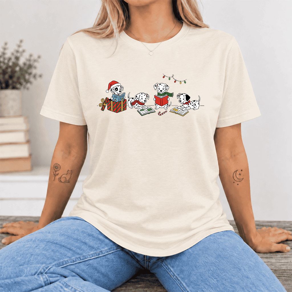 Dalmatian Dogs Reading Ultra-Soft Cotton T-Shirt | Christmas Book Lover Gift Natural