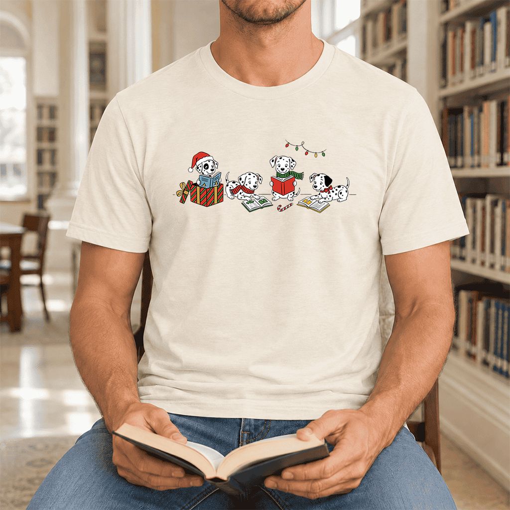 Dalmatian Dogs Reading Ultra-Soft Cotton T-Shirt | Christmas Book Lover Gift Natural