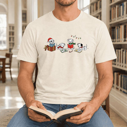 Dalmatian Dogs Reading Ultra-Soft Cotton T-Shirt | Christmas Book Lover Gift Natural