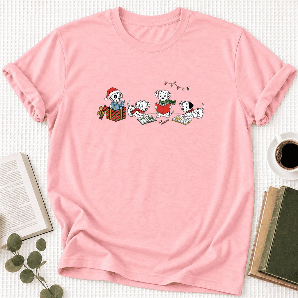 Dalmatian Dogs Reading Ultra-Soft Cotton T-Shirt | Christmas Book Lover Gift Pink