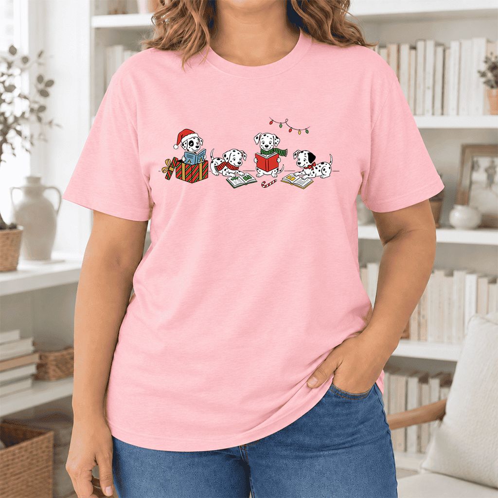 Dalmatian Dogs Reading Ultra-Soft Cotton T-Shirt | Christmas Book Lover Gift Pink