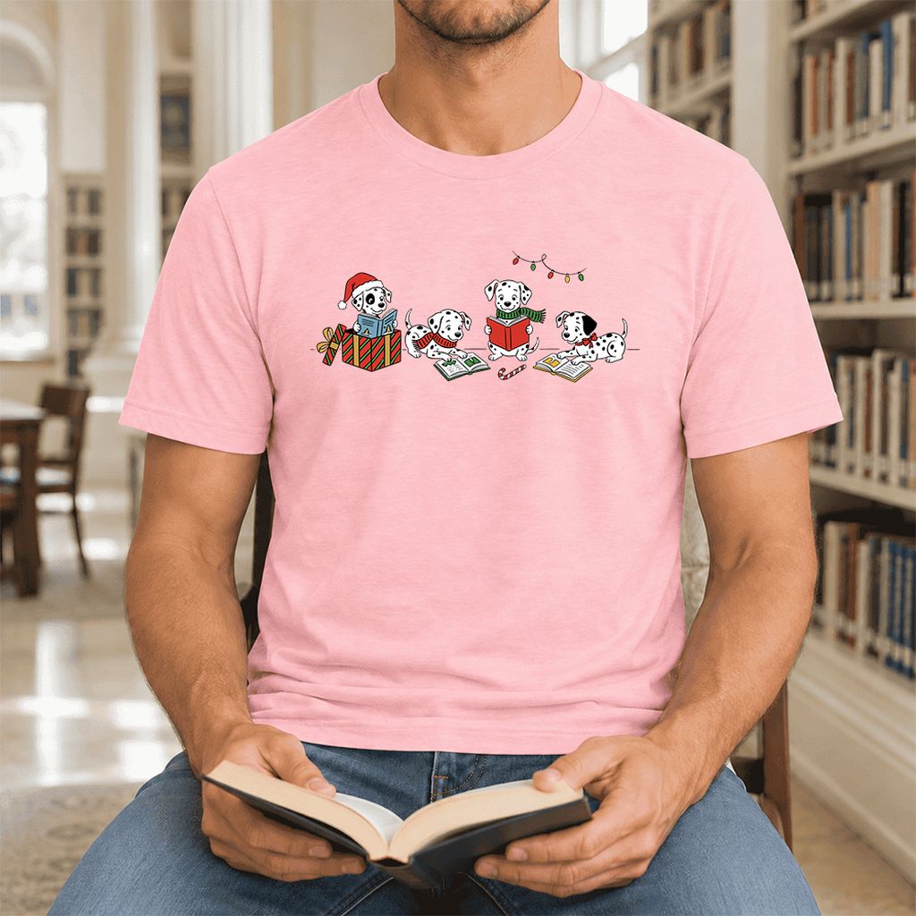 Dalmatian Dogs Reading Ultra-Soft Cotton T-Shirt | Christmas Book Lover Gift Pink