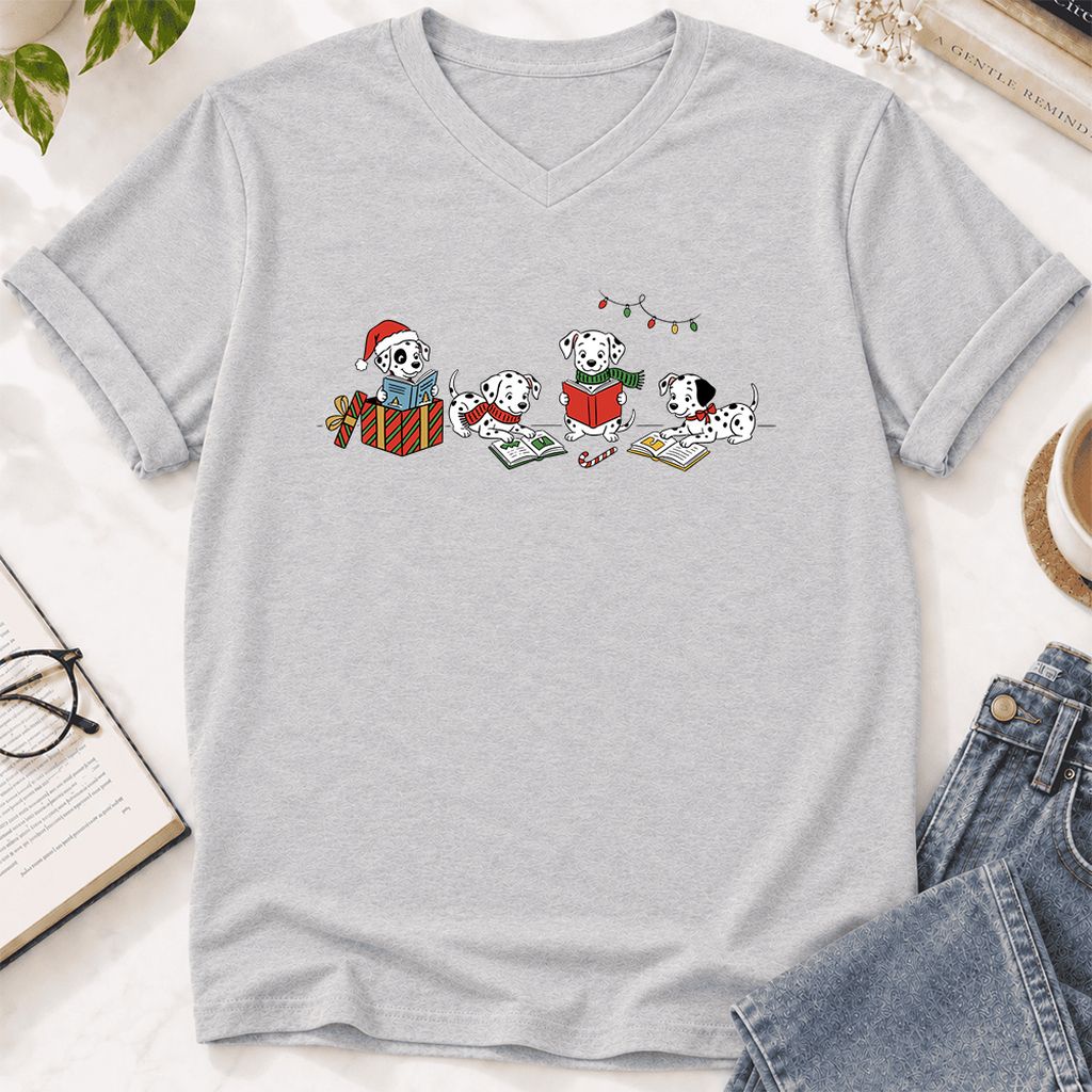 Dalmatian Dogs Reading Ultra-Soft V-Neck | Christmas Book Lover Gift Ash
