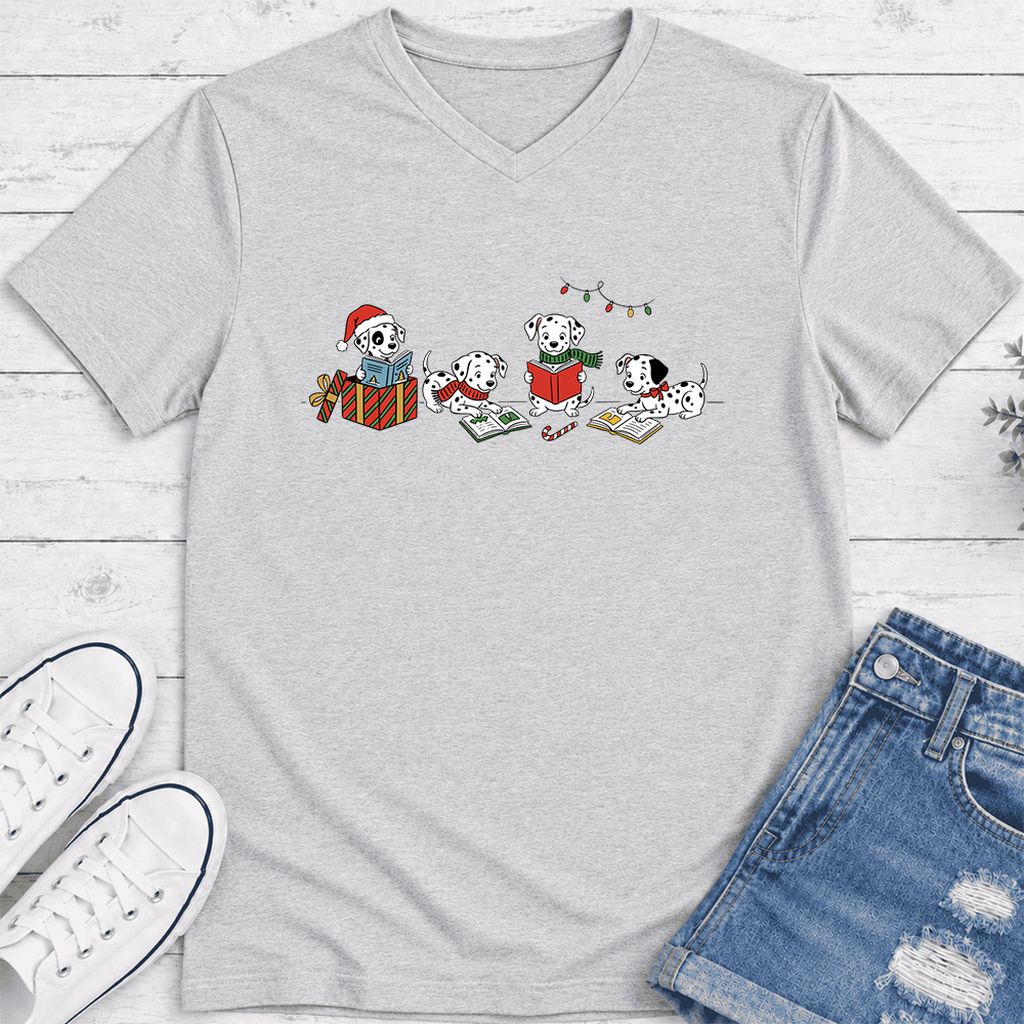 Dalmatian Dogs Reading Ultra-Soft V-Neck | Christmas Book Lover Gift Ash