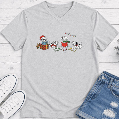 Dalmatian Dogs Reading Ultra-Soft V-Neck | Christmas Book Lover Gift Ash