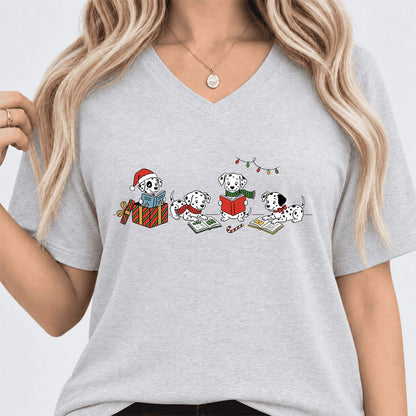 Dalmatian Dogs Reading Ultra-Soft V-Neck | Christmas Book Lover Gift Ash