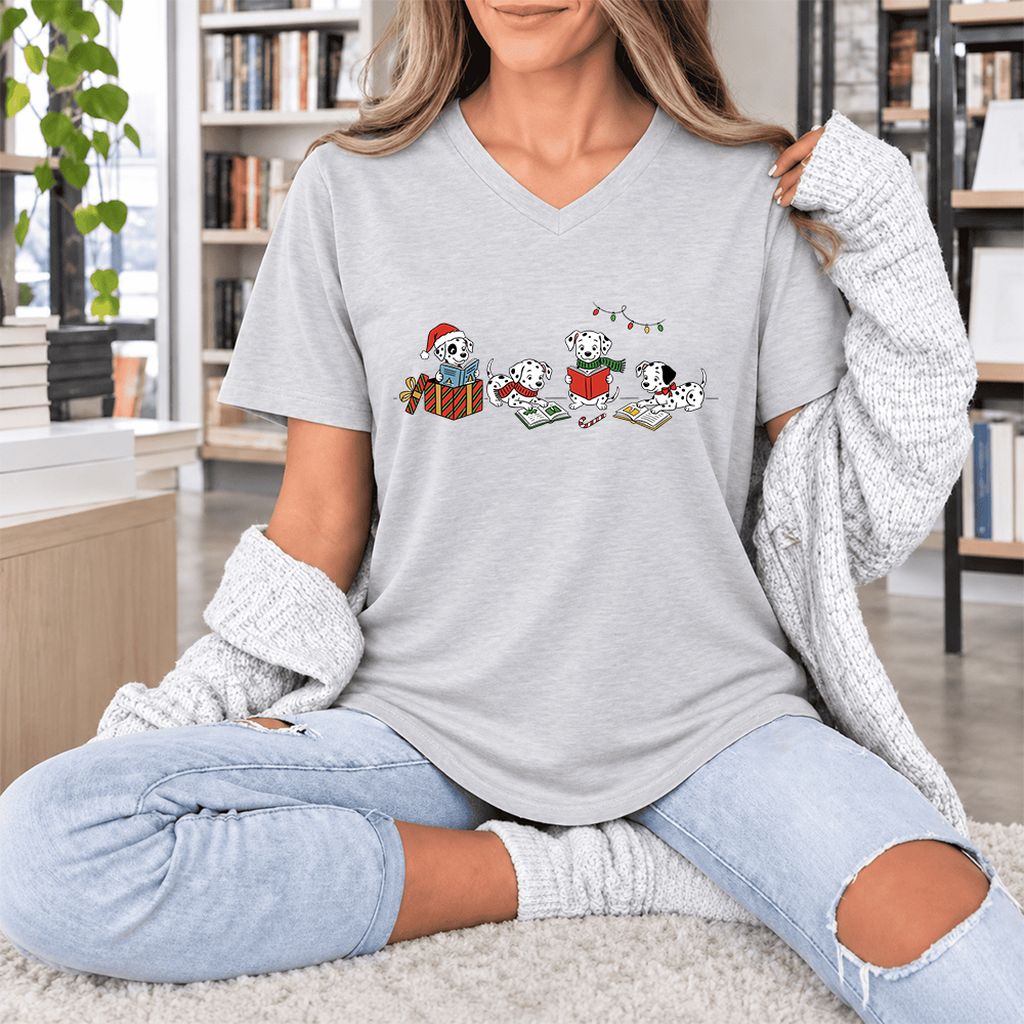 Dalmatian Dogs Reading Ultra-Soft V-Neck | Christmas Book Lover Gift Ash