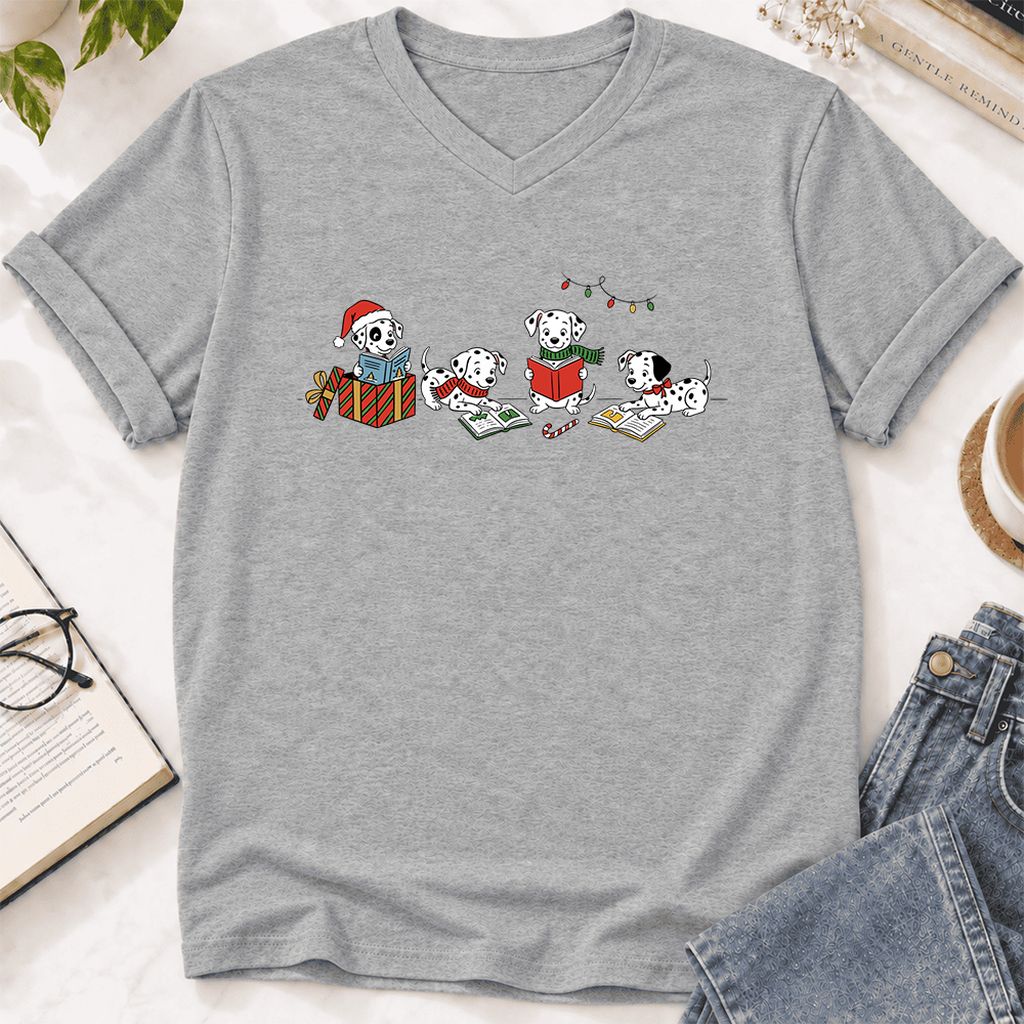 Dalmatian Dogs Reading Ultra-Soft V-Neck | Christmas Book Lover Gift Athletic Heather