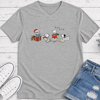 Dalmatian Dogs Reading Ultra-Soft V-Neck | Christmas Book Lover Gift Athletic Heather