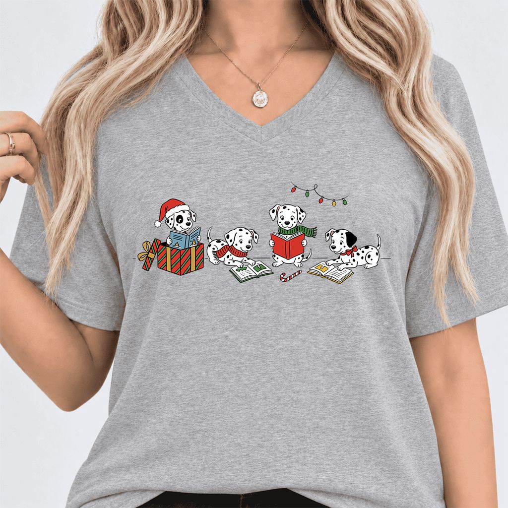 Dalmatian Dogs Reading Ultra-Soft V-Neck | Christmas Book Lover Gift Athletic Heather