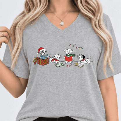 Dalmatian Dogs Reading Ultra-Soft V-Neck | Christmas Book Lover Gift Athletic Heather