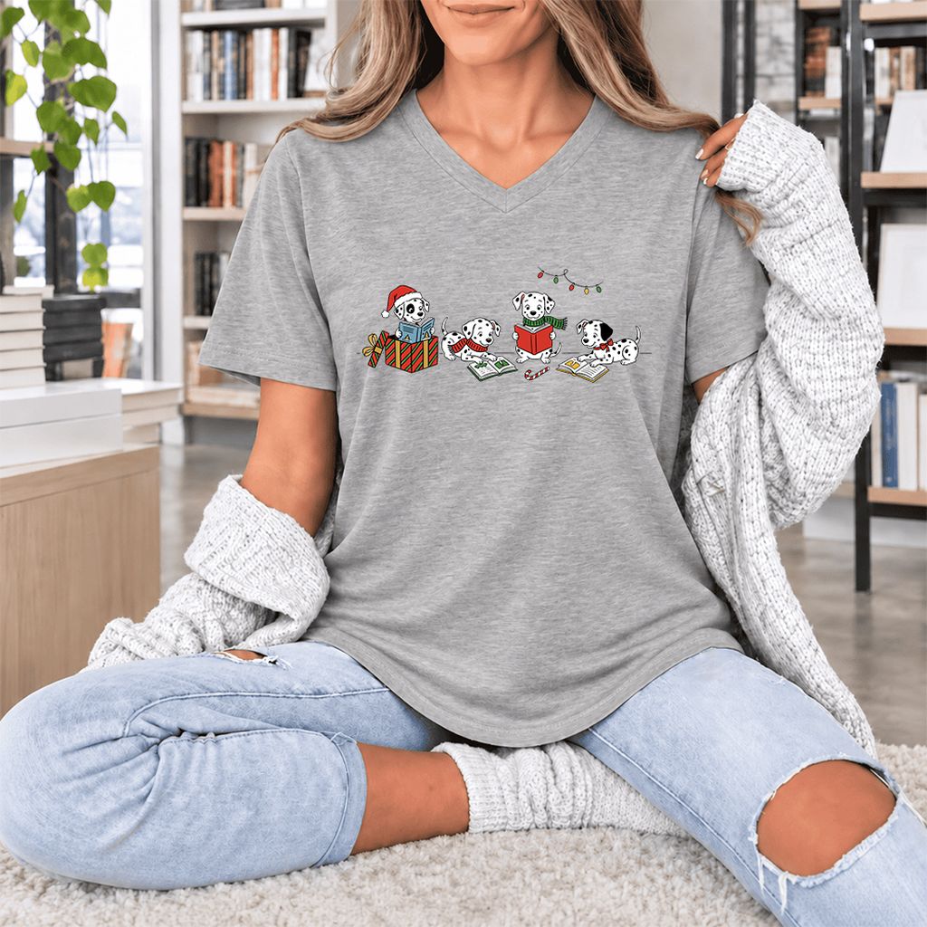 Dalmatian Dogs Reading Ultra-Soft V-Neck | Christmas Book Lover Gift Athletic Heather