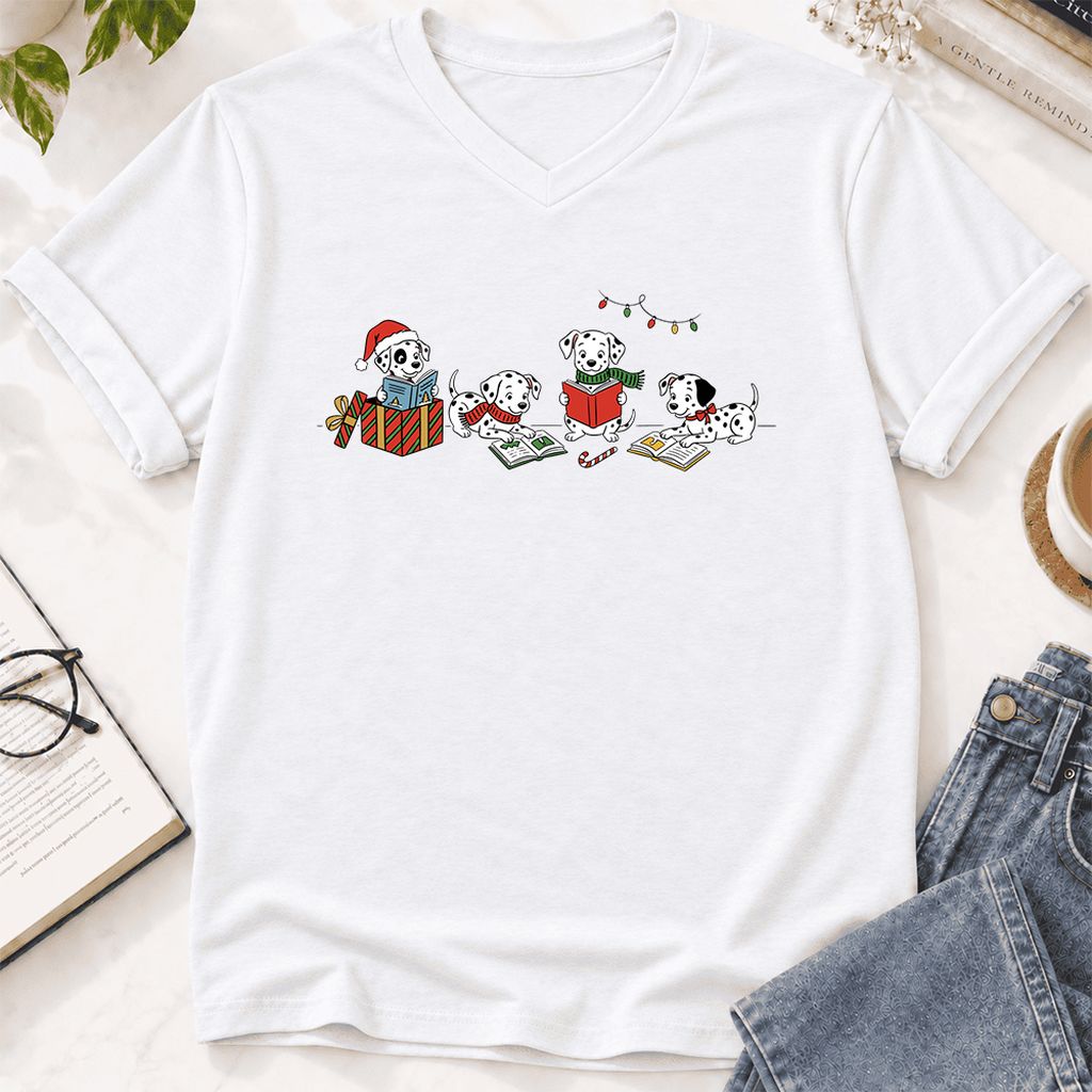 Dalmatian Dogs Reading Ultra-Soft V-Neck | Christmas Book Lover Gift White