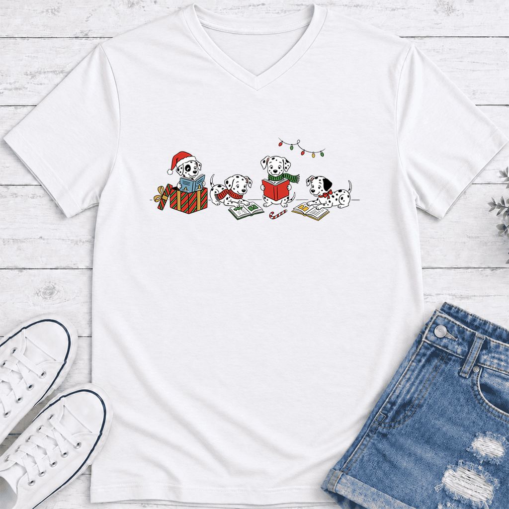 Dalmatian Dogs Reading Ultra-Soft V-Neck | Christmas Book Lover Gift White