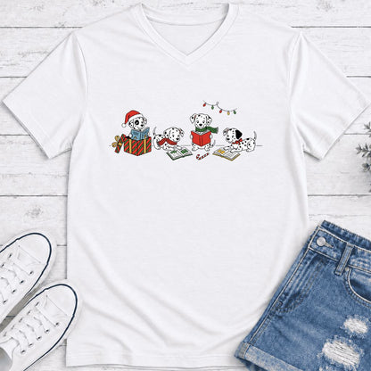 Dalmatian Dogs Reading Ultra-Soft V-Neck | Christmas Book Lover Gift White