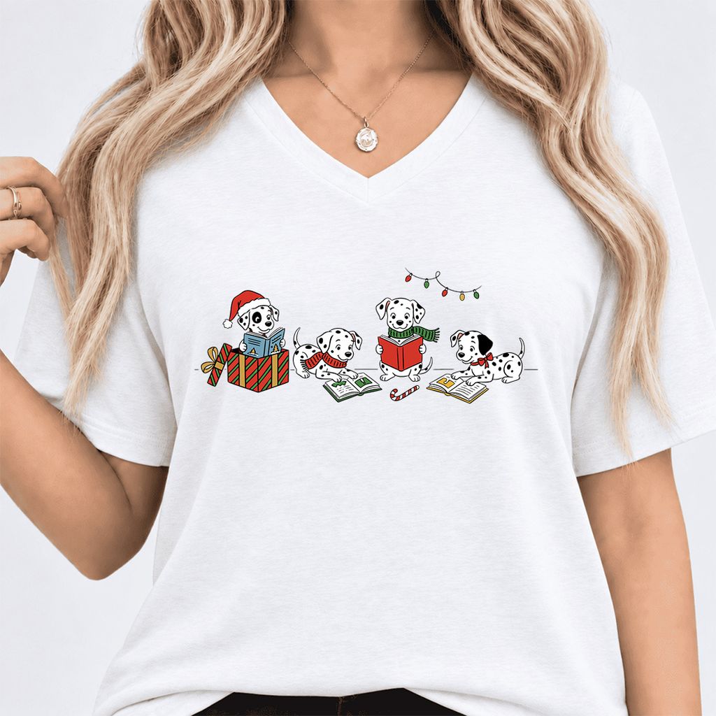 Dalmatian Dogs Reading Ultra-Soft V-Neck | Christmas Book Lover Gift White