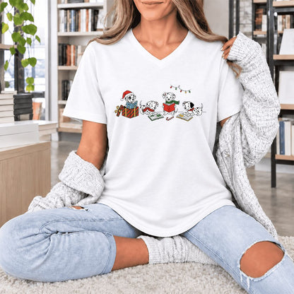 Dalmatian Dogs Reading Ultra-Soft V-Neck | Christmas Book Lover Gift White