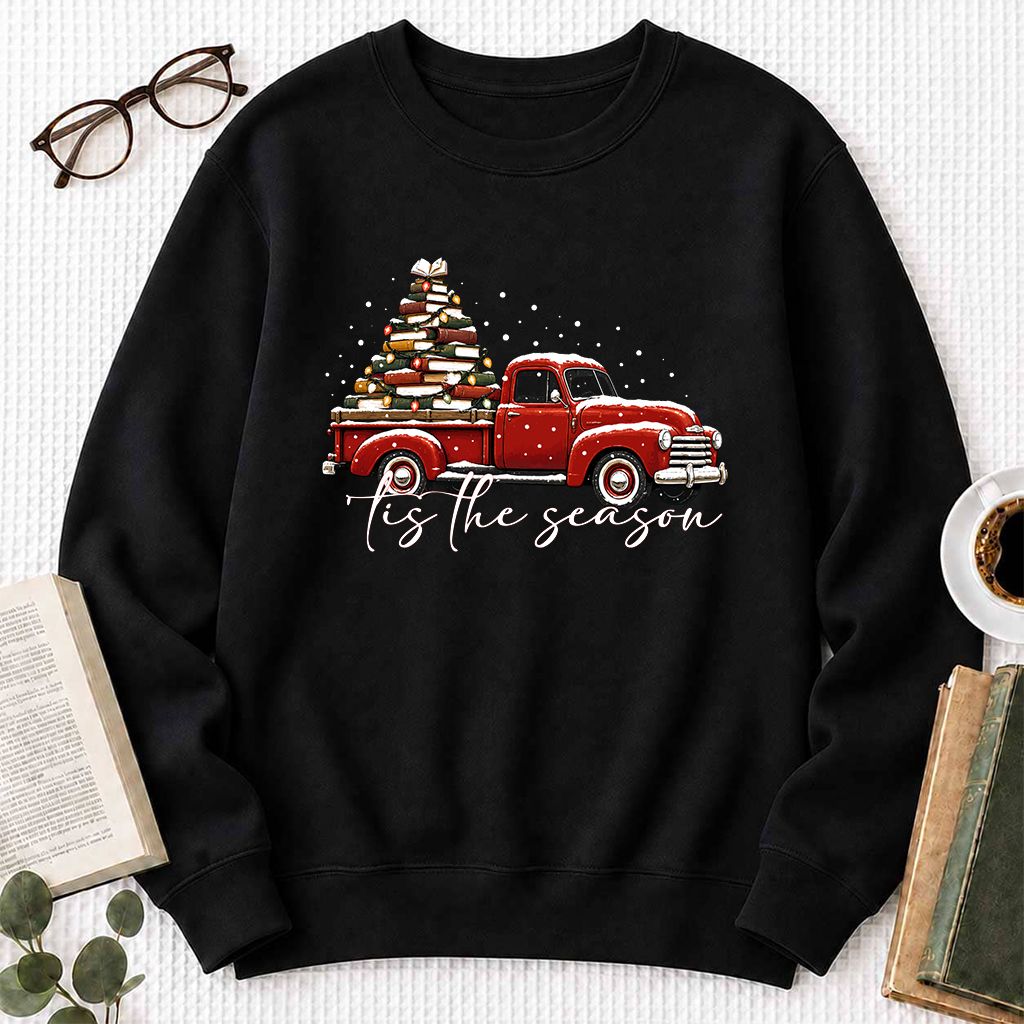 Tis The Season Printed Sweatshirt | Christmas Book Lover Gift Black