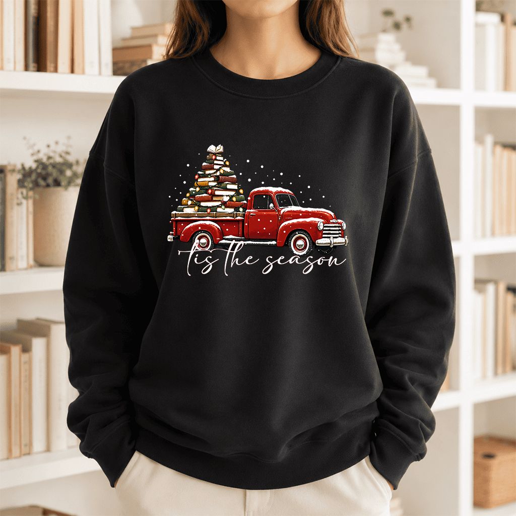 Tis The Season Printed Sweatshirt | Christmas Book Lover Gift Black
