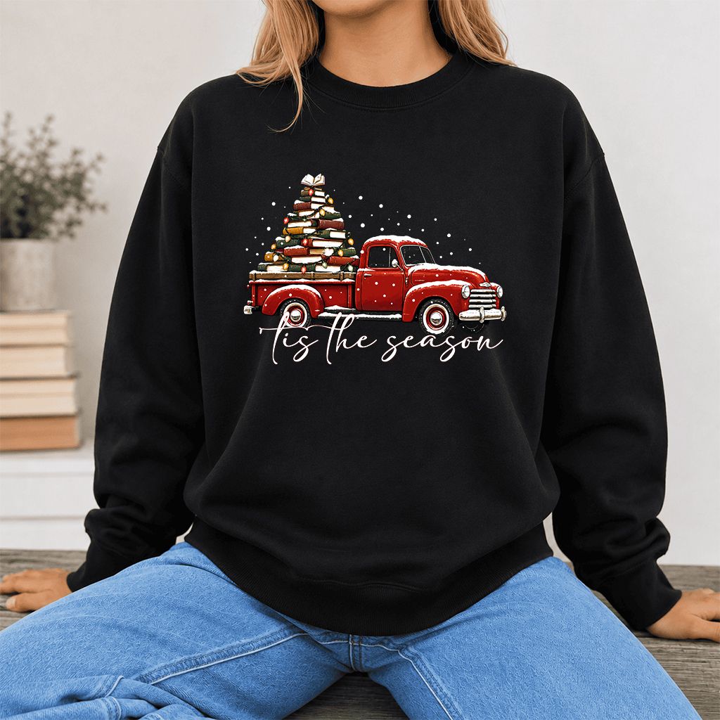 Tis The Season Printed Sweatshirt | Christmas Book Lover Gift Black