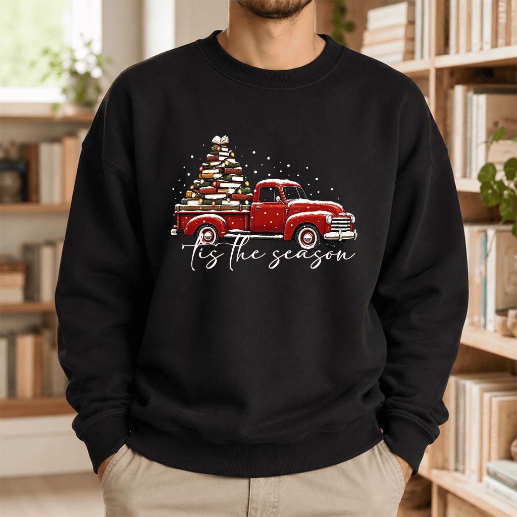 Tis The Season Printed Sweatshirt | Christmas Book Lover Gift Black