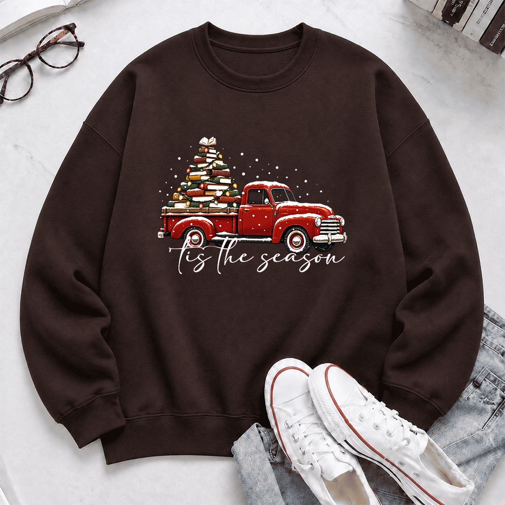 Tis The Season Printed Sweatshirt | Christmas Book Lover Gift Dark Chocolate