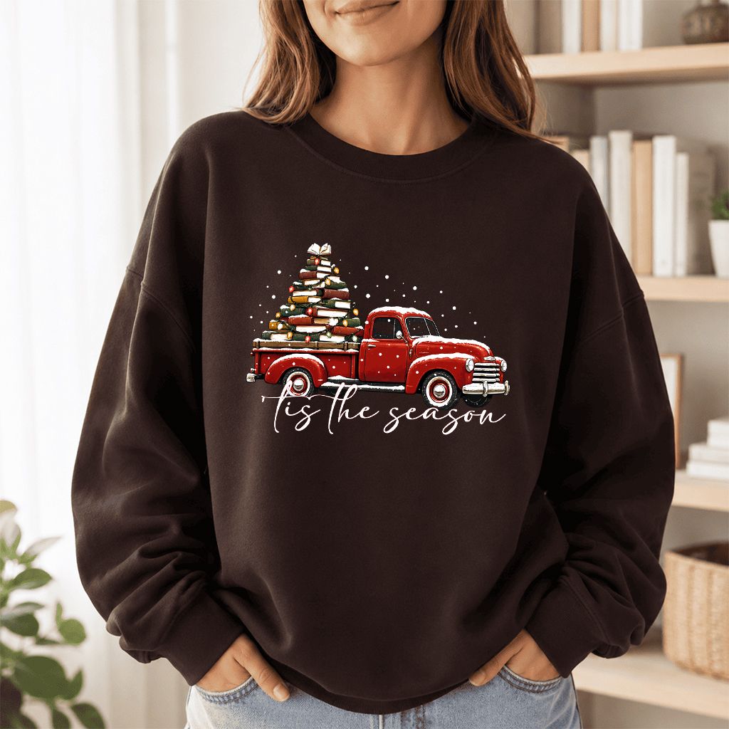 Tis The Season Printed Sweatshirt | Christmas Book Lover Gift Dark Chocolate