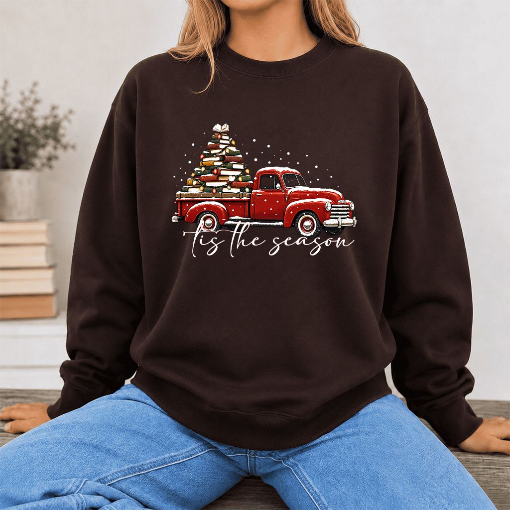 Tis The Season Printed Sweatshirt | Christmas Book Lover Gift Dark Chocolate