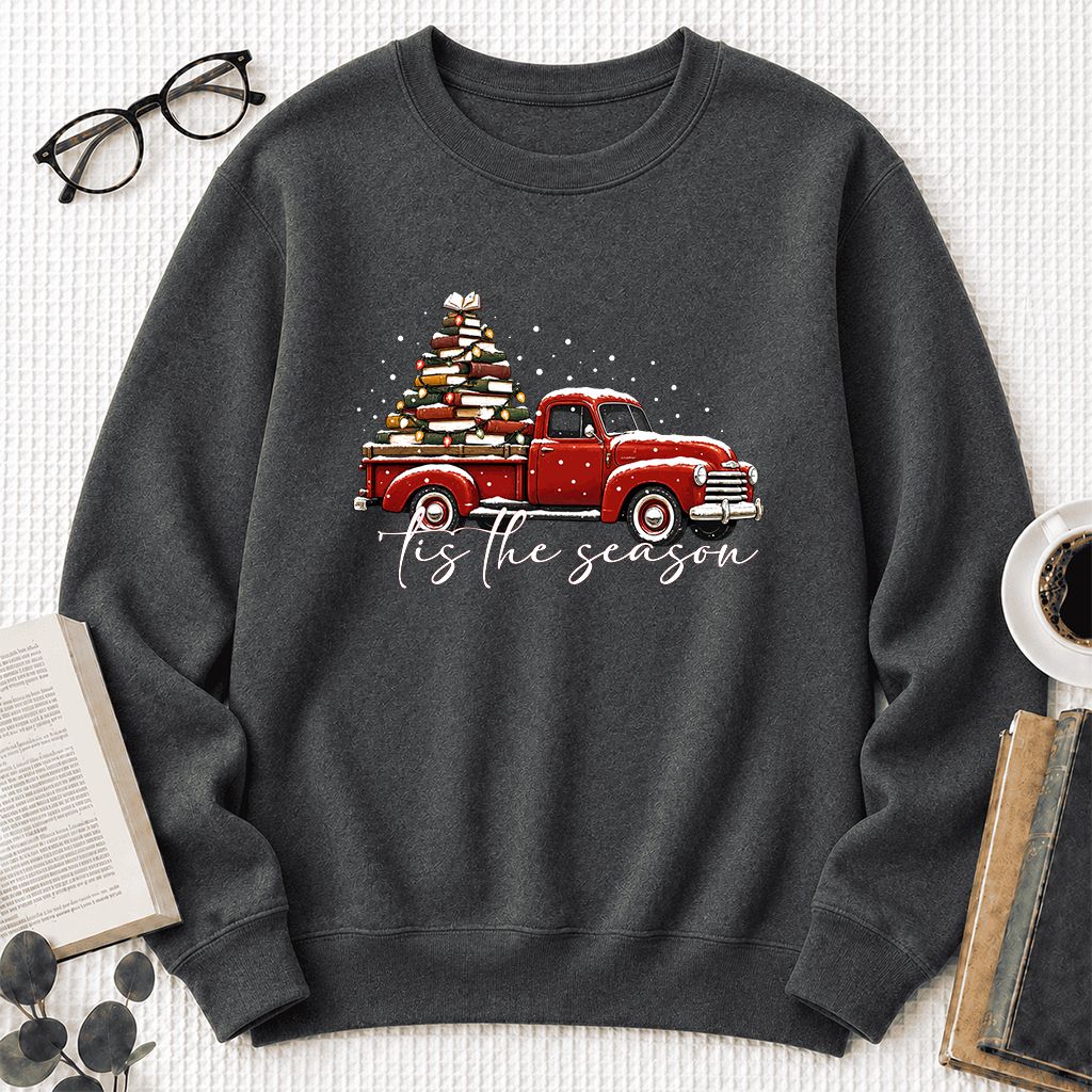 Tis The Season Printed Sweatshirt | Christmas Book Lover Gift Dark Heather