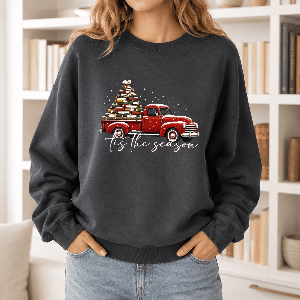 Tis The Season Printed Sweatshirt | Christmas Book Lover Gift Dark Heather