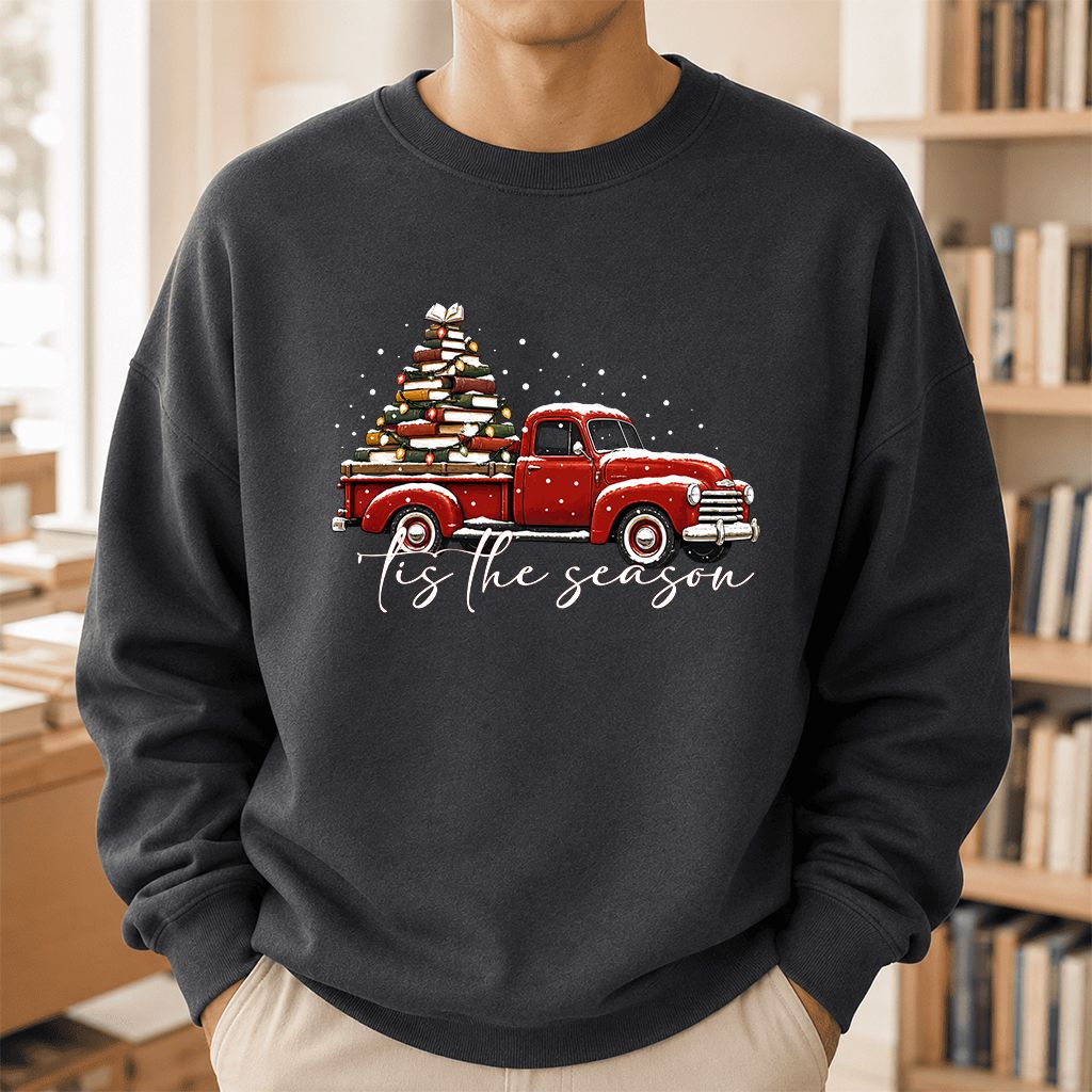 Tis The Season Printed Sweatshirt | Christmas Book Lover Gift Dark Heather