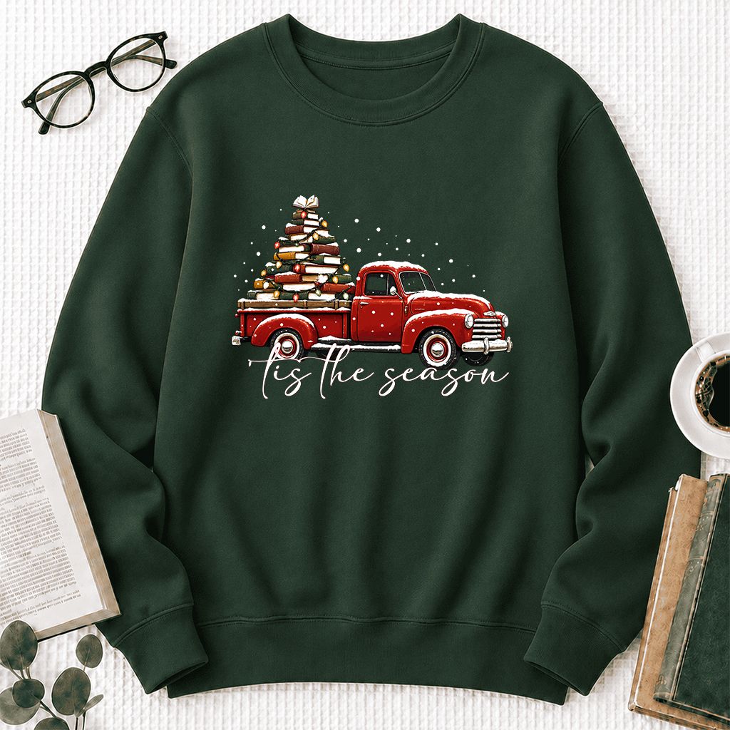 Tis The Season Printed Sweatshirt | Christmas Book Lover Gift Forest Green