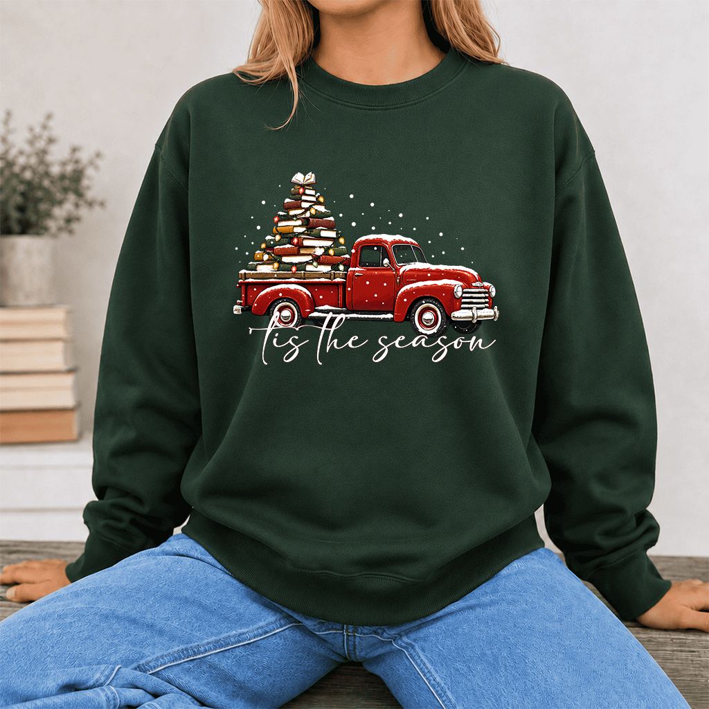 Tis The Season Printed Sweatshirt | Christmas Book Lover Gift Forest Green