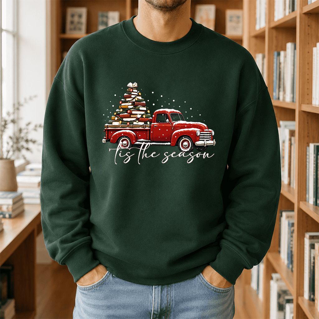 Tis The Season Printed Sweatshirt | Christmas Book Lover Gift Forest Green