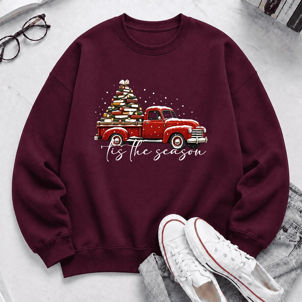 Tis The Season Printed Sweatshirt | Christmas Book Lover Gift Maroon