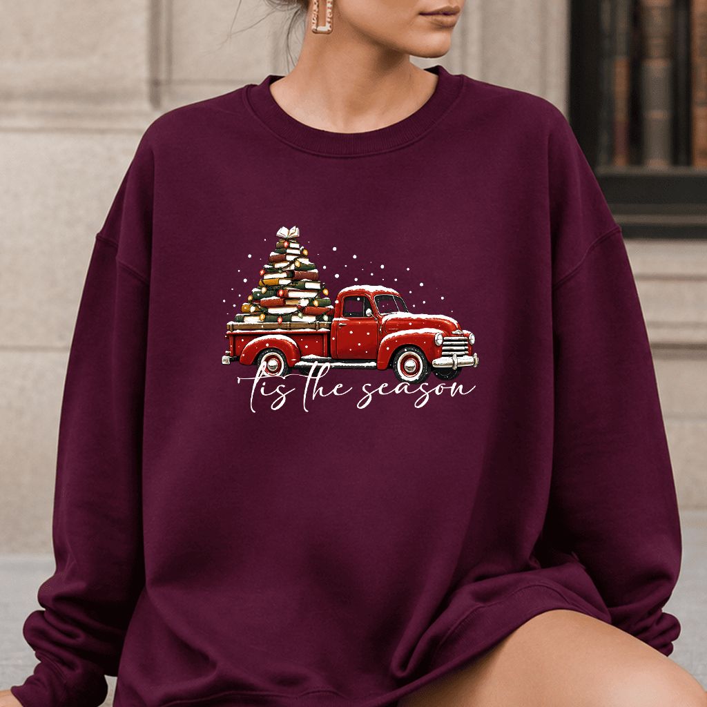 Tis The Season Printed Sweatshirt | Christmas Book Lover Gift Maroon