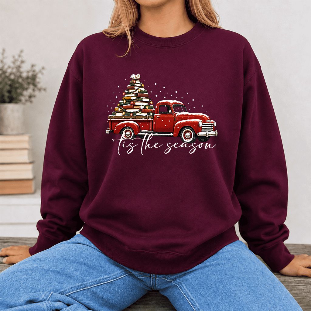 Tis The Season Printed Sweatshirt | Christmas Book Lover Gift Maroon